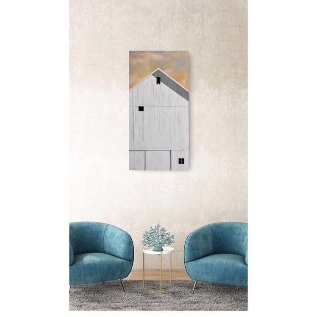 White Summer Sunrise by Justin Wheatley | Acrylic on Canvas White Barn With Peach Sky For Sale - Image 8 of 11