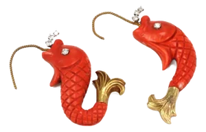 Nayan Oid Diamond Coral 18k Yellow Gold Carved Fish Hook Earrings, 2 Pieces