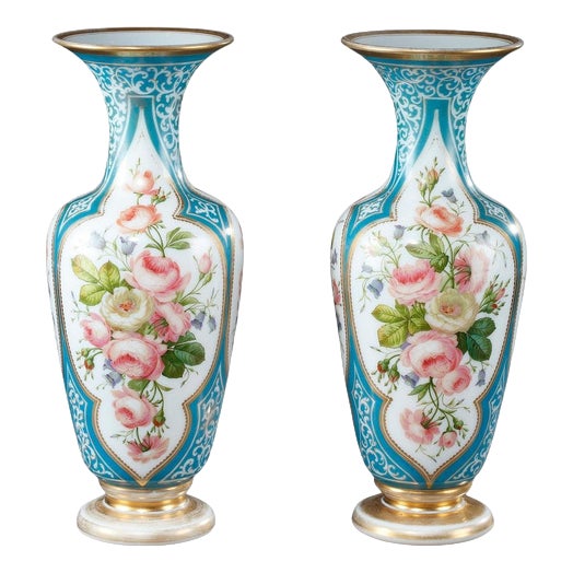 Louis-Philippe Enameled Opaline Vases, 1840, Set of 2 For Sale