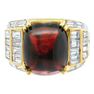 1990s 18k Yellow Gold Red Garnet and Diamond Statement Ring, Size 6 For Sale
