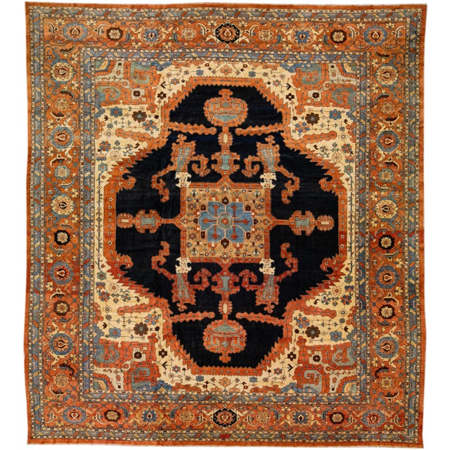 1920s Orange Antique Persian Serapi Handmade Wool Rug With Medallion Motif For Sale In New York - Image 6 of 6