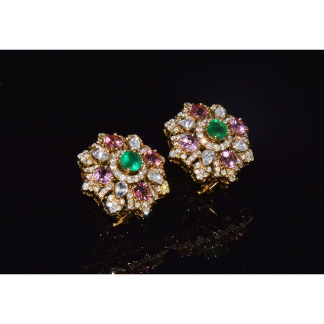 Authentic natural diamond, emerald and pink tourmaline floral earrings handcrafted in solid 18K yellow gold. These...
