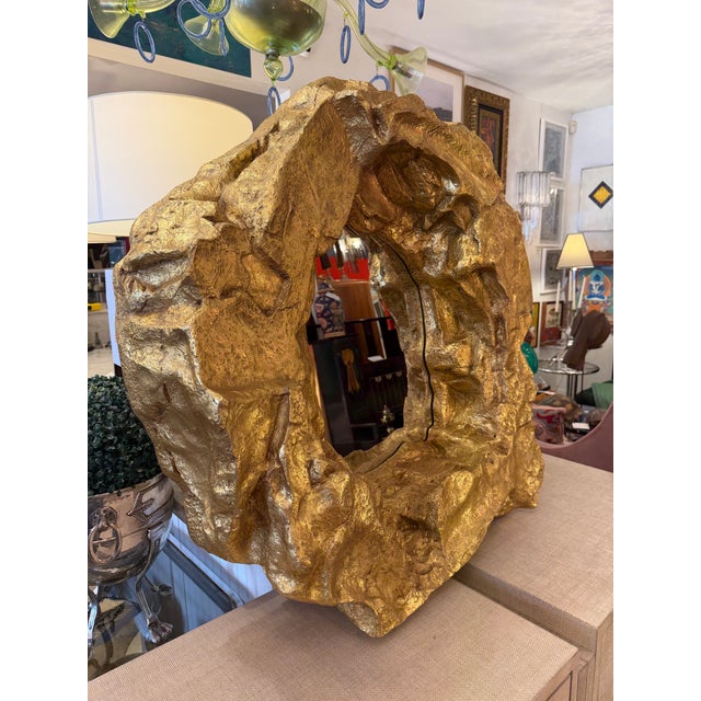 Custom Gold Painted Resin Cave Rock Mirror For Sale - Image 4 of 12