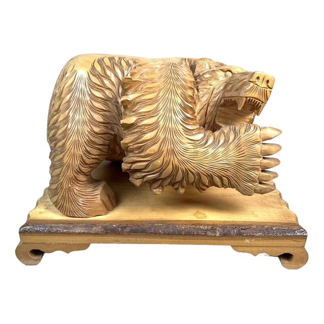 Carved Wood Kibori Kuma Bear on Table Stand, Japan, 1990s For Sale