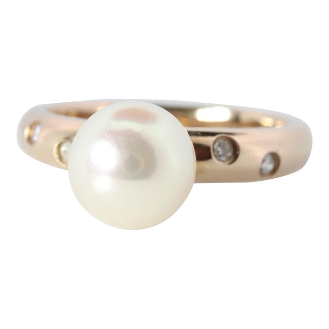 1990s Genuine 18k 750 Solitaire Akoya Pearl and Diamond Bezel Set ...