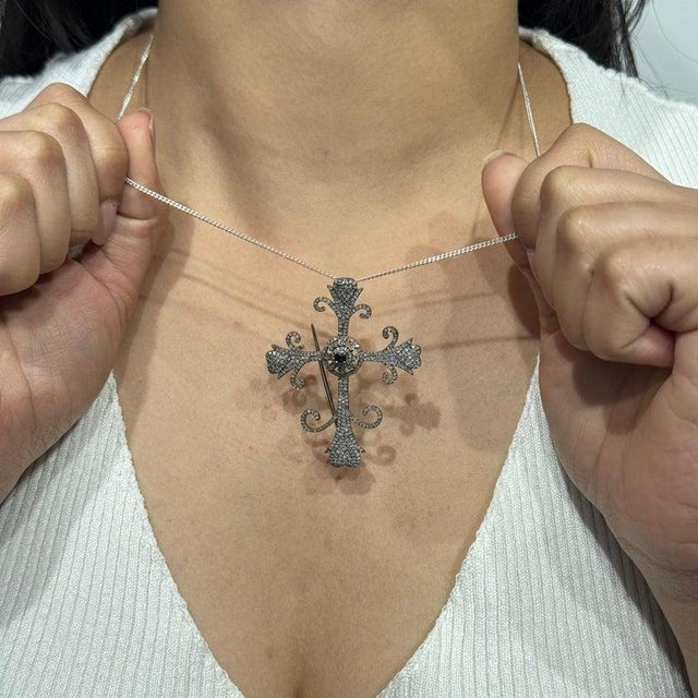 Artisan Crafted Fleur De Lis Cross Brooch Pendant in 925 Sterling Silver For Sale - Image 6 of 13