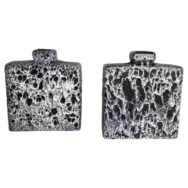 Pottery Fat Lava Cubic Vases in Black-White from Jopeko, Germany, 1970s, Set of 2 For Sale