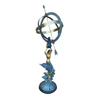 Vintage Coastal Mermaid & Dolphin Armillary Sundial, Palm Beach Garden Decor For Sale