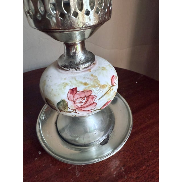 Victorian Vintage Mid Century Hurricane Oil Lamp Floral Ceramic Silver Base Glass Chimney For Sale - Image 3 of 9