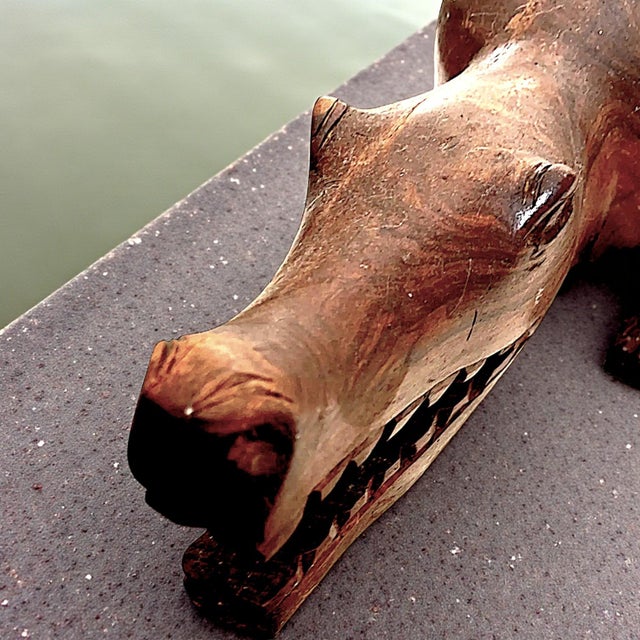 Sienna Extraordinary3.5 Foot Hand Sculpted Tribal Style Wooden Alligator Statue For Sale - Image 8 of 14