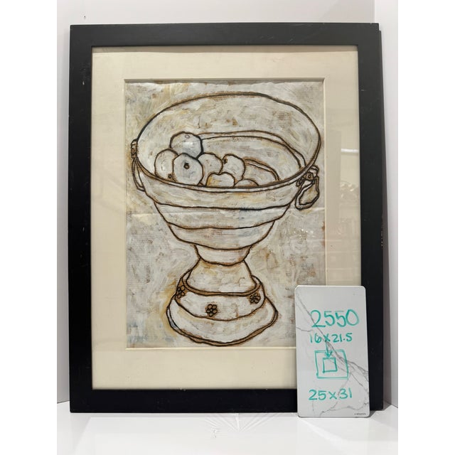 Original mixed-media artwork depicting a classical pedestal urn filled with fruit. Composed with newspaper collage, white...