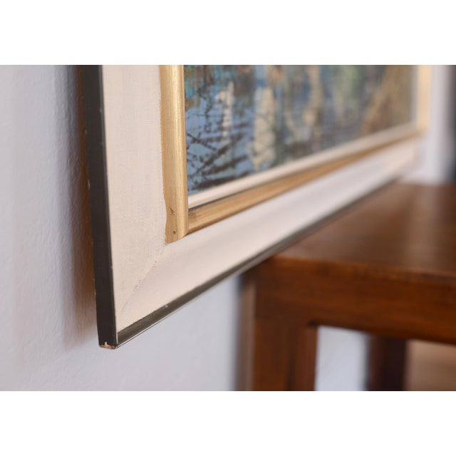 Blue Large Mid Century Brutalist Style Paris Bridge Scene Painting For Sale - Image 8 of 12