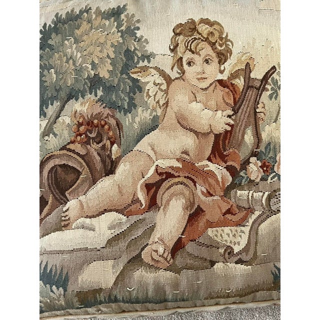 Antique French Aubusson Tapestry Pillow Cushion Large 21" Cherub Lyre Book For Sale - Image 4 of 12