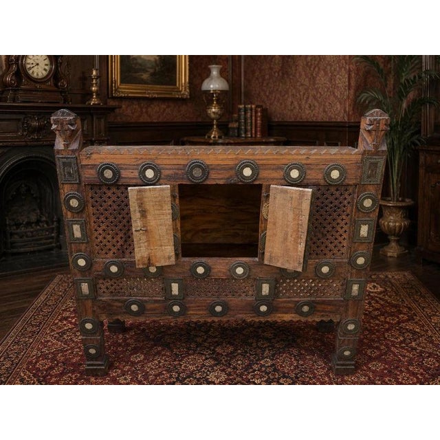 Antique Indian Hand-Carved Wooden Cabinet with Mirror Inlay and Hidden Compartment For Sale - Image 6 of 9