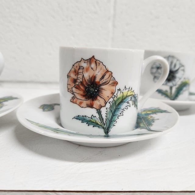 Late 20th Century Taste Setter Collection Botanical Poppy Demitasse Cups & Saucers — Set of 4, Garden-Inspired Floral Porcelain For Sale - Image 5 of 9