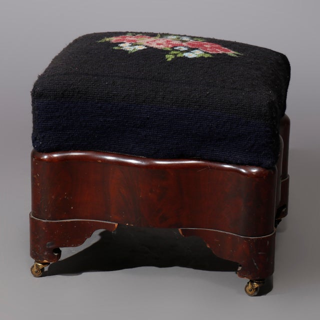 American Empire Mahogany & Floral Needlepoint Foot Stool C1880 Measures - 17" x 17 3/4" x 16"