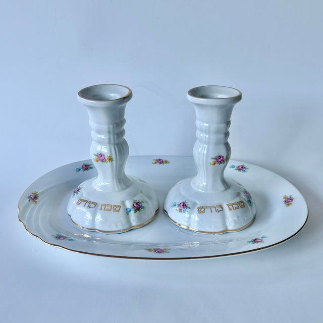 Vintage German Winterling Porcelain Shabbat Candlesticks With Matching Tray, Set of 3 For Sale - Image 12 of 12