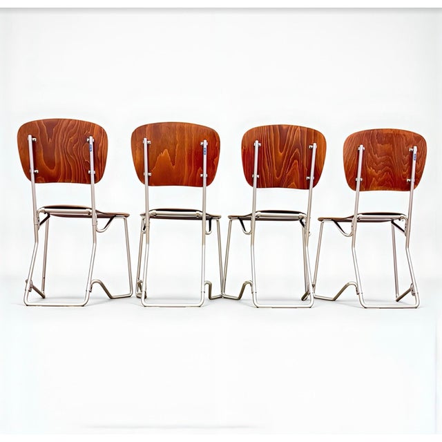 Wood Mid-Century Modern Minimalist First Edition Aluflex Stackable Folding Chairs from Armin Wirth, Switzerland, 1950s, Set of 4 For Sale - Image 7 of 18