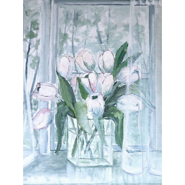 Blush Mid-Century Modern 'Morning Light With Tulips' Vintage Original Swedish Interior Still Life Oil Painting, Framed For Sale - Image 8 of 10