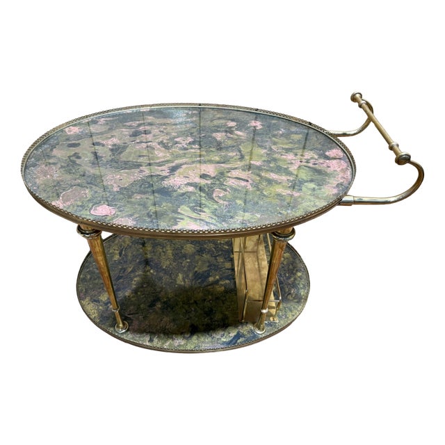 Louis XVI Style Serving Cart in Brass with Faux Marble Top, 1950s For Sale