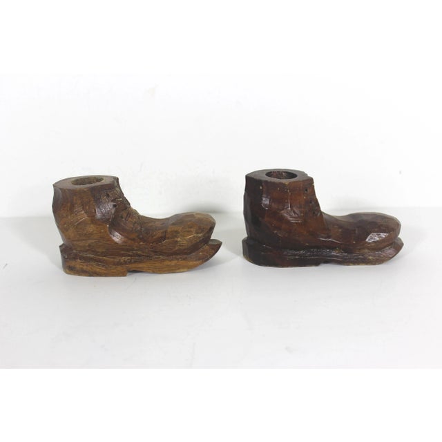 Wood Vintage Folk Art Hand Carved Wood Boot Candleholders, a Pair For Sale - Image 7 of 8