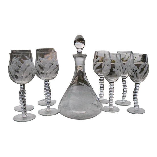 Palm Tree Etched Wine Carafe and Red & White Glasses Set- 9 Pieces For Sale