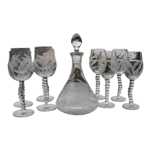 Palm Tree Etched Wine Carafe and Red & White Glasses Set- 9 Pieces
