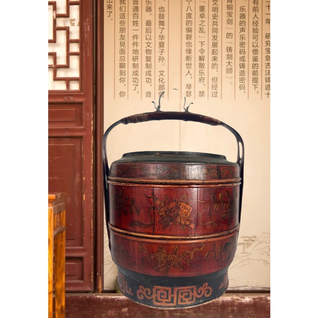 Early 20th Century Large Antique Chinese Tiered Storage Box or Basket, Sewing Box, Hand Decorated & Signed With Auspicious Objects For Sale - Image 5 of 12