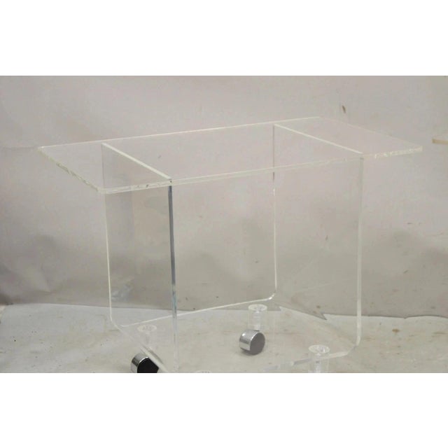 Vintage Clear Lucite Acrylic Mid Century Modern Rolling Side Tables - A Pair For Sale - Image 4 of 11