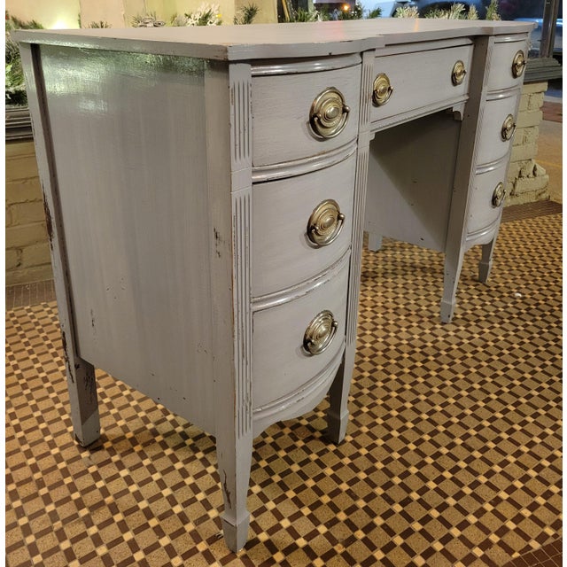 Mid 20th Century Mid 20th Century Chippendale Mahogany Double Pedestal Writing Desk With Blue-Gray Distressed Finish For Sale - Image 5 of 9