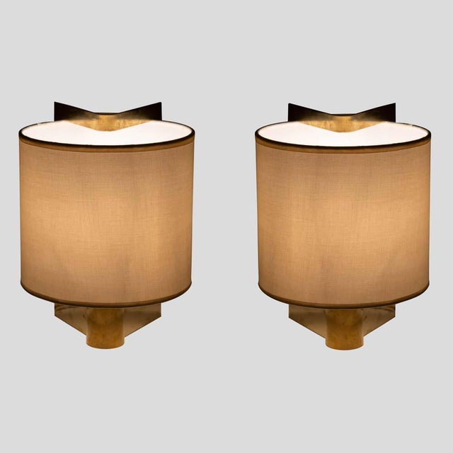 Pair of table Lamps, Italian design by Giuliana Gramigna. Sculptural brass structure with original round fabric shades...