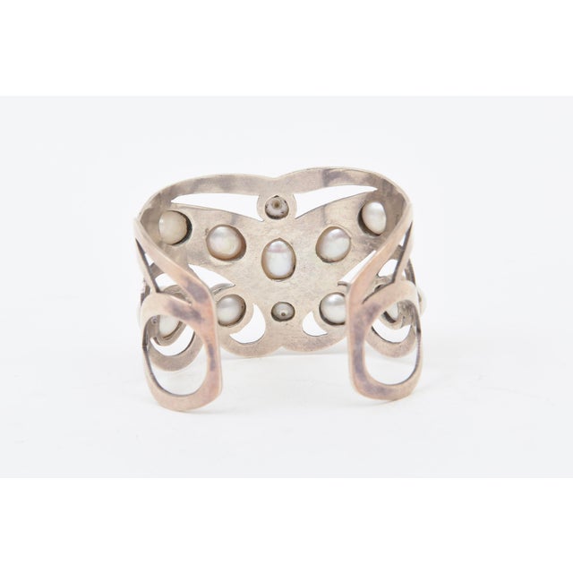 Metal Vintage Sterling Silver and Pearl Artisan Wide Cuff Bracelet, 1980's. For Sale - Image 7 of 11