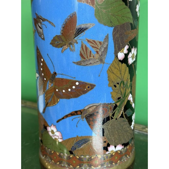 Meiji Period Japanese Cloisonne Enamel Vase With Birds Butterflies and Insects For Sale In New York - Image 6 of 18