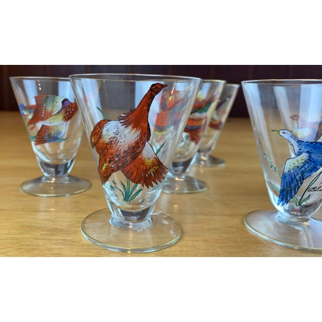 A very nice set of hand painted cocktail glasses with various endangered, wild and colorful birds