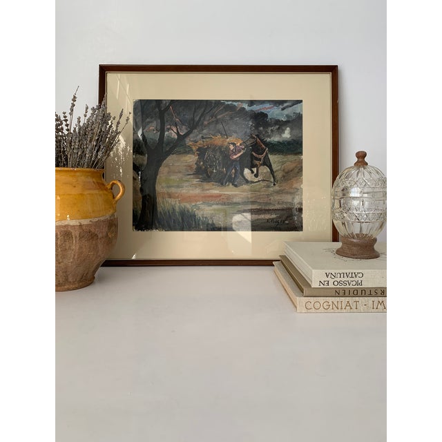 1960’s Original Watercolor of Farmer + Horse in a Lightning Storm by Canadian Artist, Fernand Auger A beautiful moody...