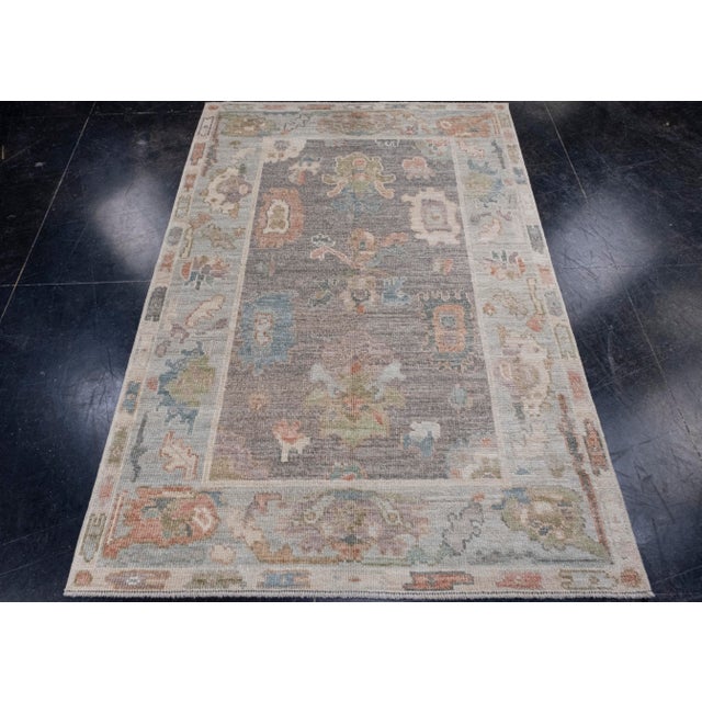 Textile Turkish Oushak Rug Charcoal, Aqua & Coral Hand-Knotted Wool Rug 4' X 6' For Sale - Image 7 of 9