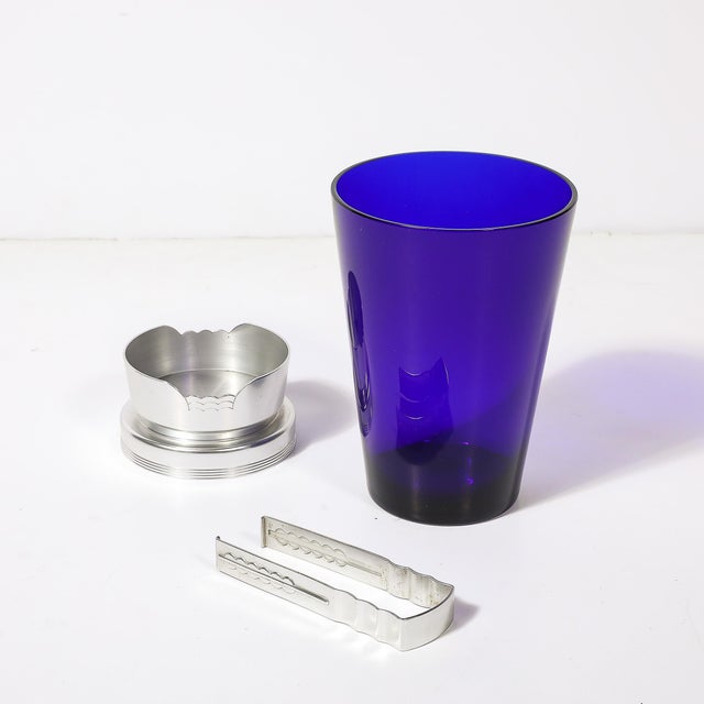 1930s Art Deco Ice Bucket in Blue Glass W/ Aluminum Base & Tongs Signed Kensington For Sale - Image 12 of 16