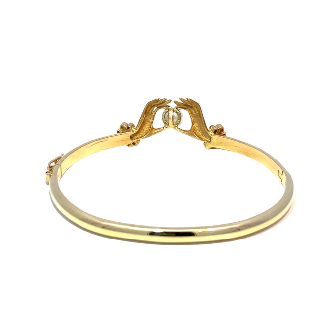 18k Yellow Gold Diamond Hand Holding Pearl Bangle Bracelet For Sale - Image 4 of 4