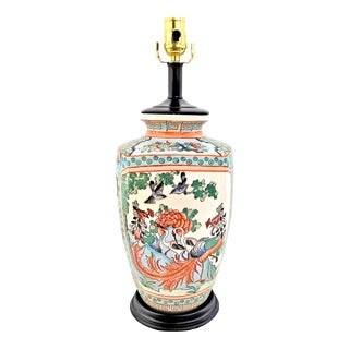 Restored Vintage Chinese Porcelain Ceramic Table Lamp With Hand Painting of Phoenixes Cranes and Blue Birds For Sale