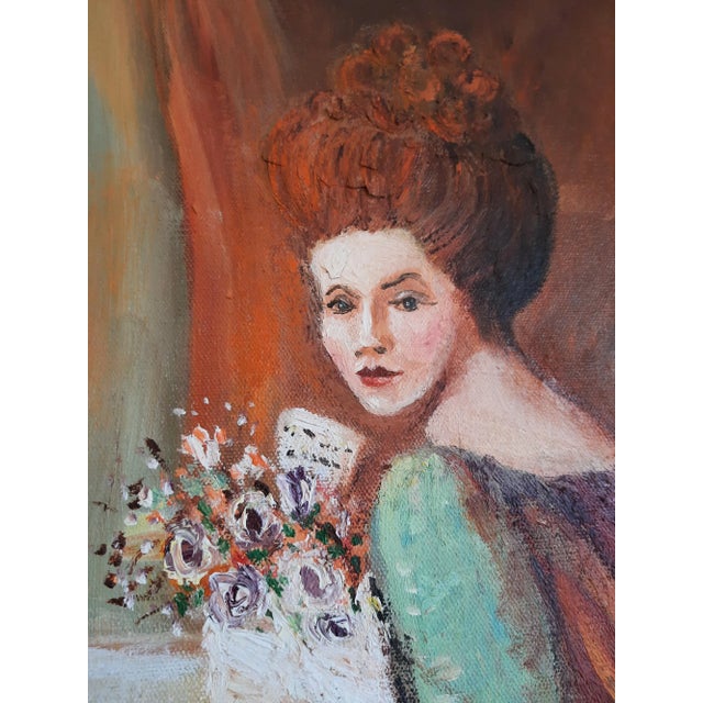 English Original Lady & Dog Portrait Painting Bridgerton Style Signed For Sale - Image 3 of 10