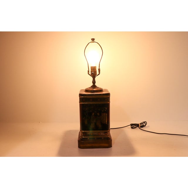 Chinoiserie Vintage Chinoiserie Tea Canister Lamp, 17” Black Painted Toleware Table Lamp For Sale - Image 3 of 11