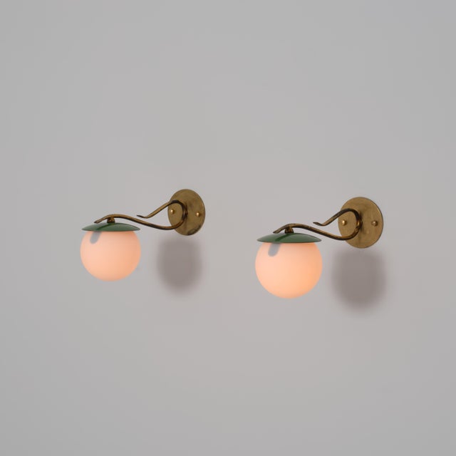 1950s Vintage Italian Green Enameled Metal and Opaline Glass Wall Sconces, 1950s, Set of 2 For Sale - Image 5 of 15