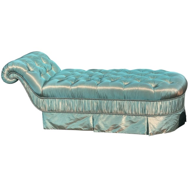 Hollywood Regency Turquoise Satin Tufted Chaise Lounge - Joanna Carson Estate For Sale - Image 4 of 5