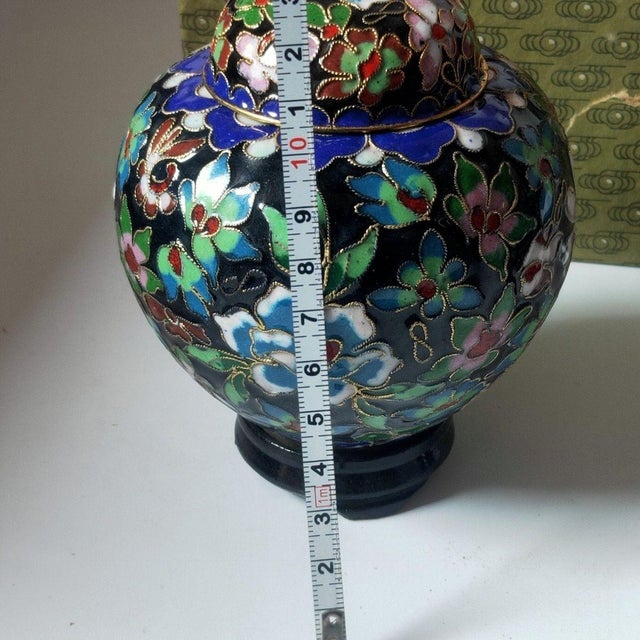 Mid 20th Century Pair of Vintage Cloisonné Enamel Tea Jars – Black Ground, Floral Motif, With Original Box For Sale - Image 5 of 9