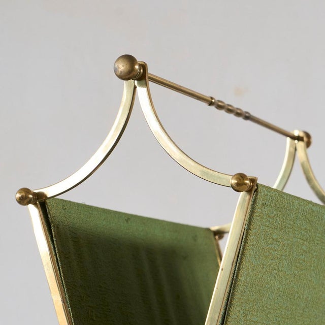Mid-Century Modern Magazine Rack in Patinated Brass and Green Fabric, 1940s For Sale - Image 3 of 9