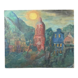 Mid Century European Painting - Sun Over a City For Sale