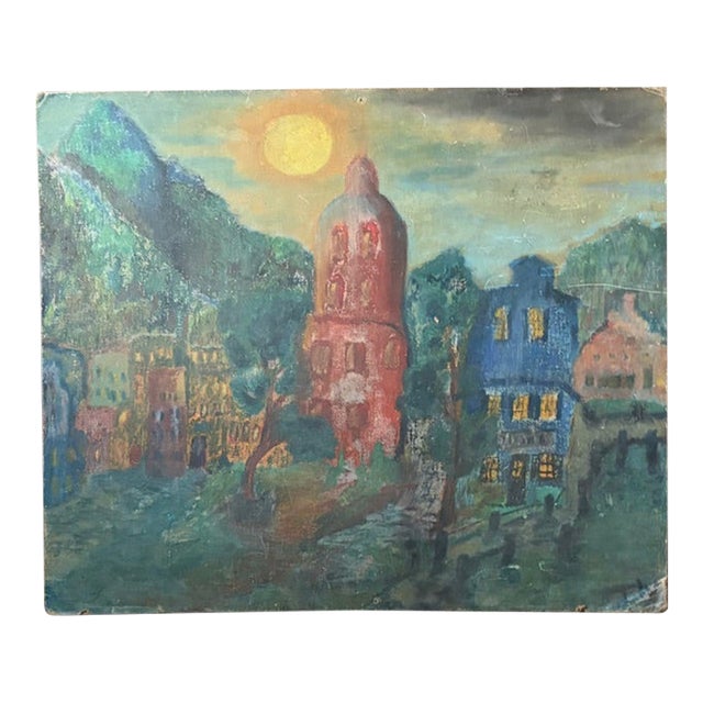 Mid Century European Painting - Sun Over a City For Sale