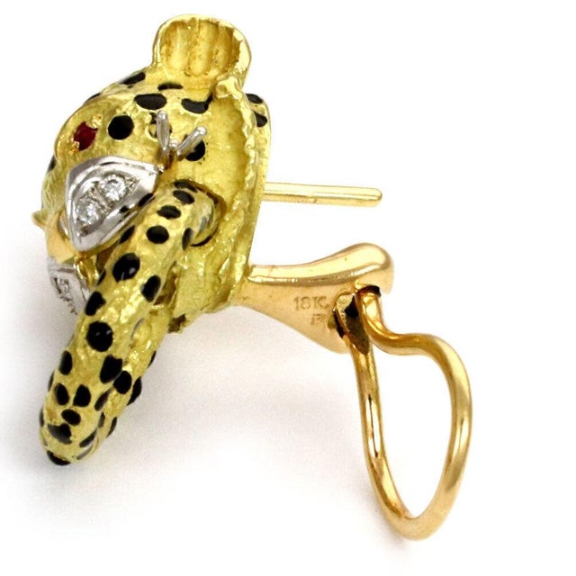 Diamond Ruby Enamel Leopard 18k Gold Door Knocker Post Clip Earrings For Sale - Image 4 of 4