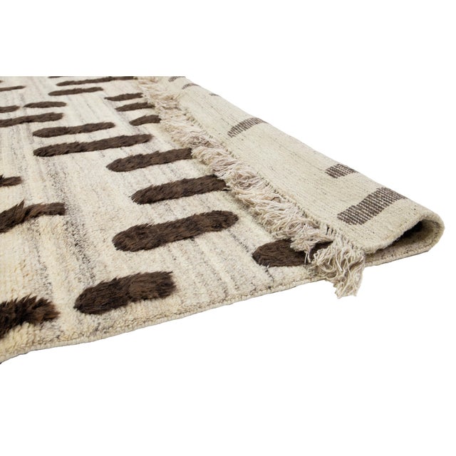 12 X 15 Organic Modern Moroccan Beige Wool Rug With Brown Geometric Pattern For Sale - Image 4 of 11