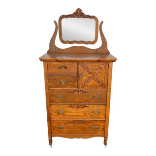 Early American Tiger Oak Tall Chest of Drawers With Mirror For Sale